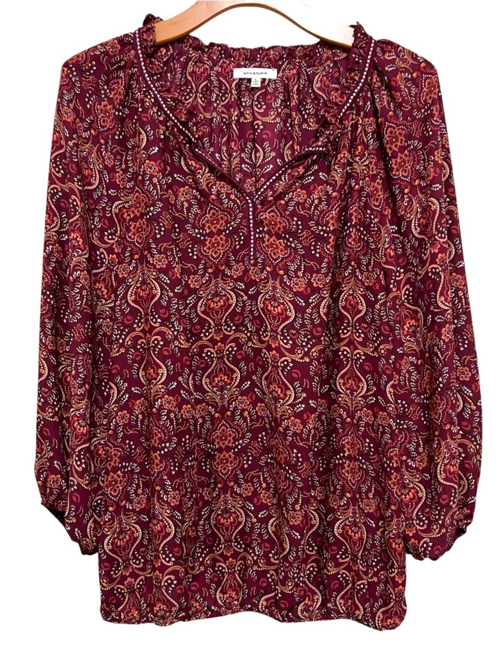 Max Studio Top Floral Ruffle V Neck Peasant Blouse Praire Fall Boho Artsy Sz L
